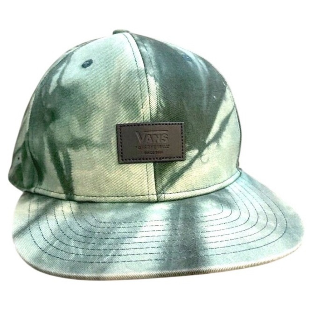 Vans Off The Wall Mens Snapback Hat Green Tie Dye Flat Brim Leather Patch Cap